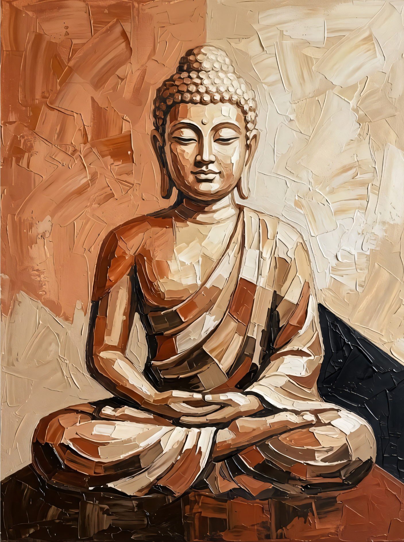 Meditating Buddha Impasto Canvas Print - Earth Tone Palette Knife Wall Decor