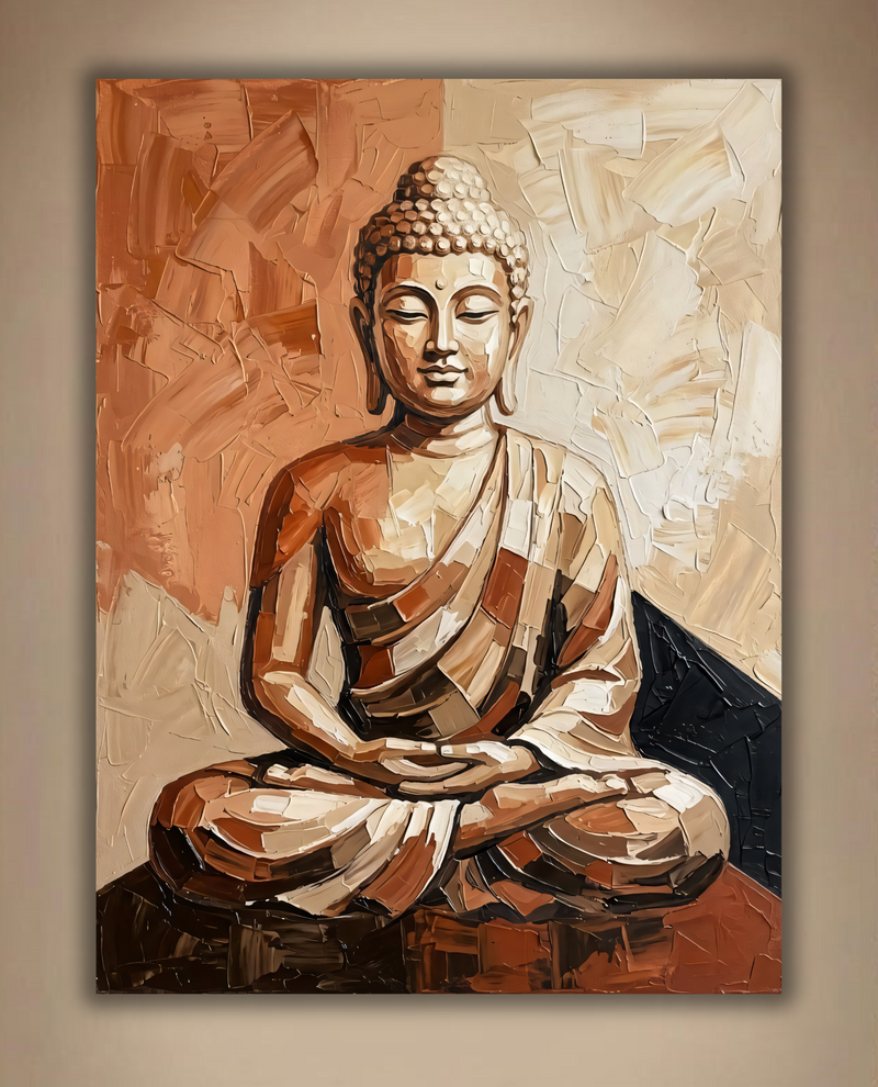 Meditating Buddha Impasto Canvas Print - Earth Tone Palette Knife Wall Decor