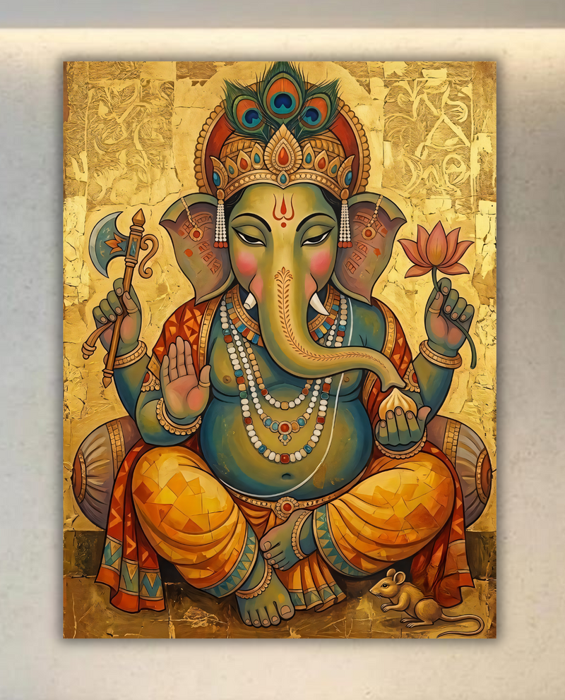 Lord Ganesha Canvas Print - Gold Foil Effect Textured Modern Indian Wall Decor