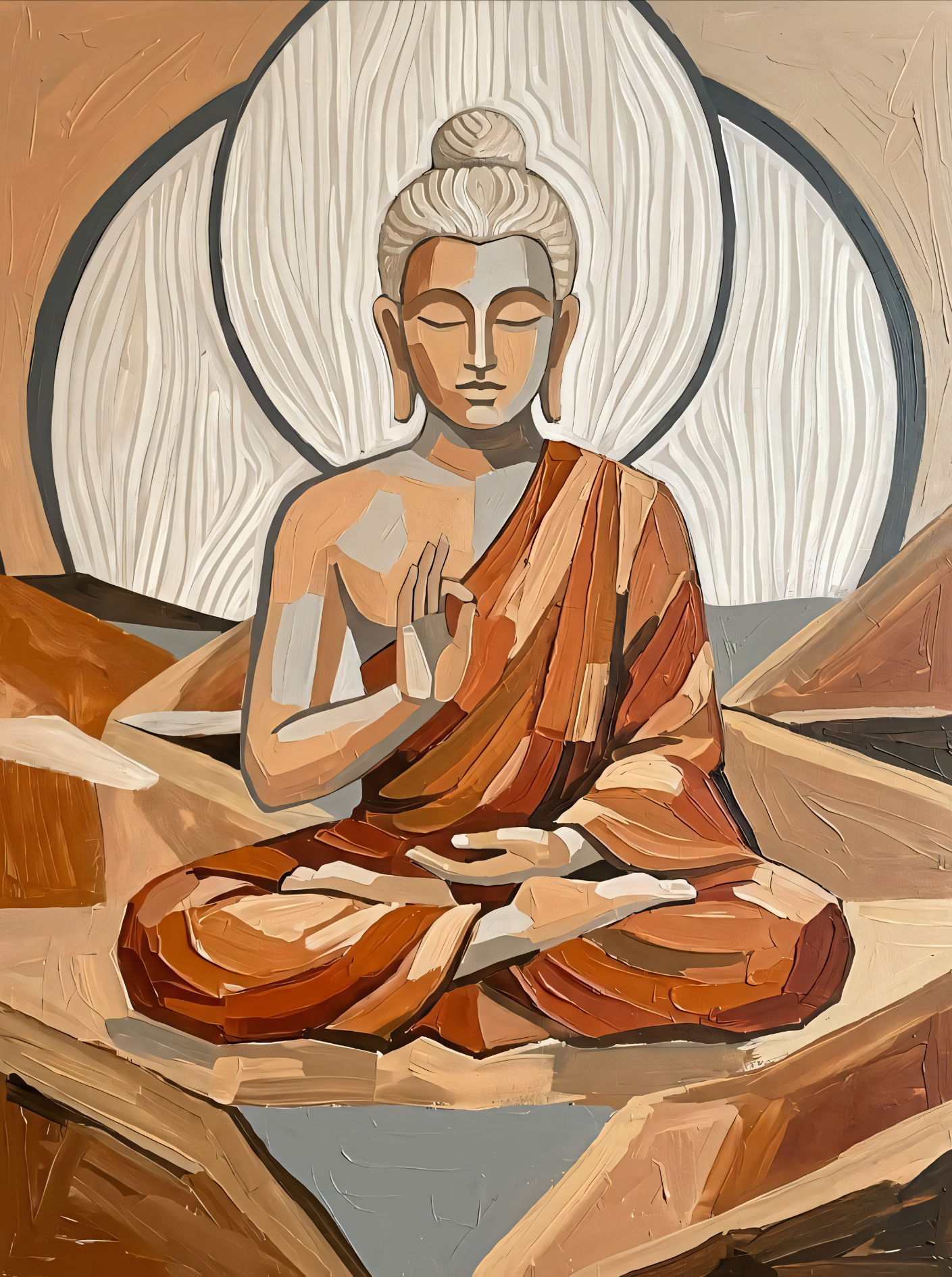 Meditating Buddha Canvas Print - Earth Tone Geometric Impasto Wall Art