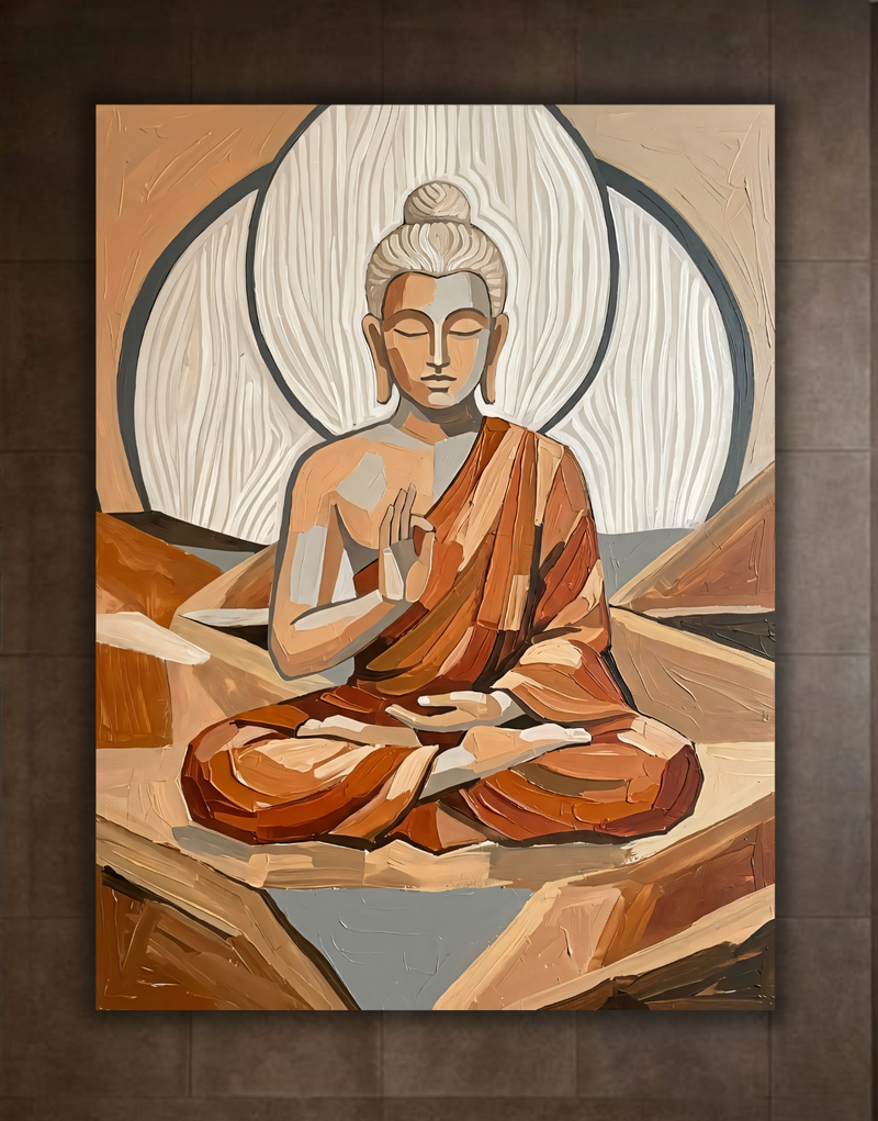 Meditating Buddha Canvas Print - Earth Tone Geometric Impasto Wall Art