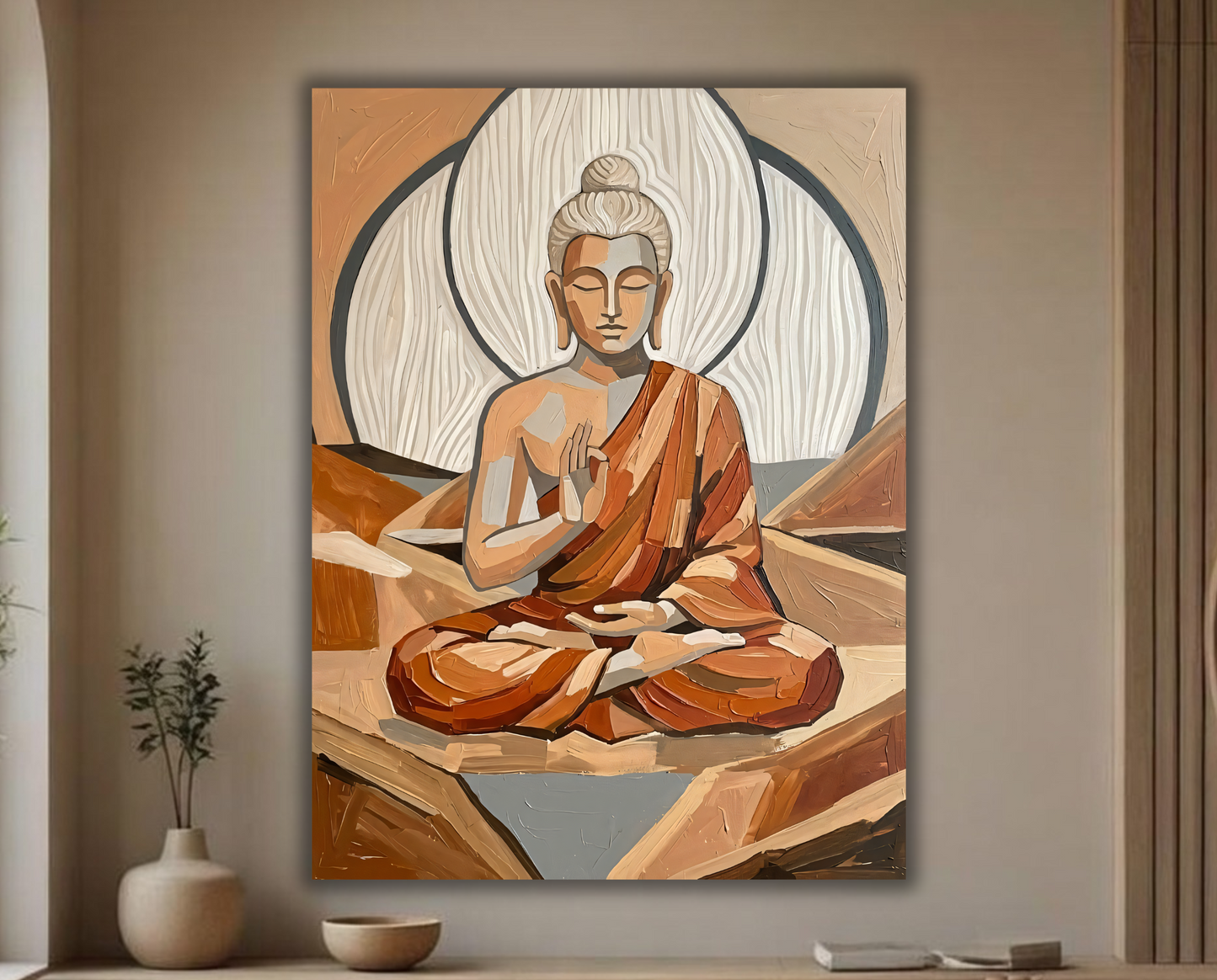 Meditating Buddha Canvas Print - Earth Tone Geometric Impasto Wall Art