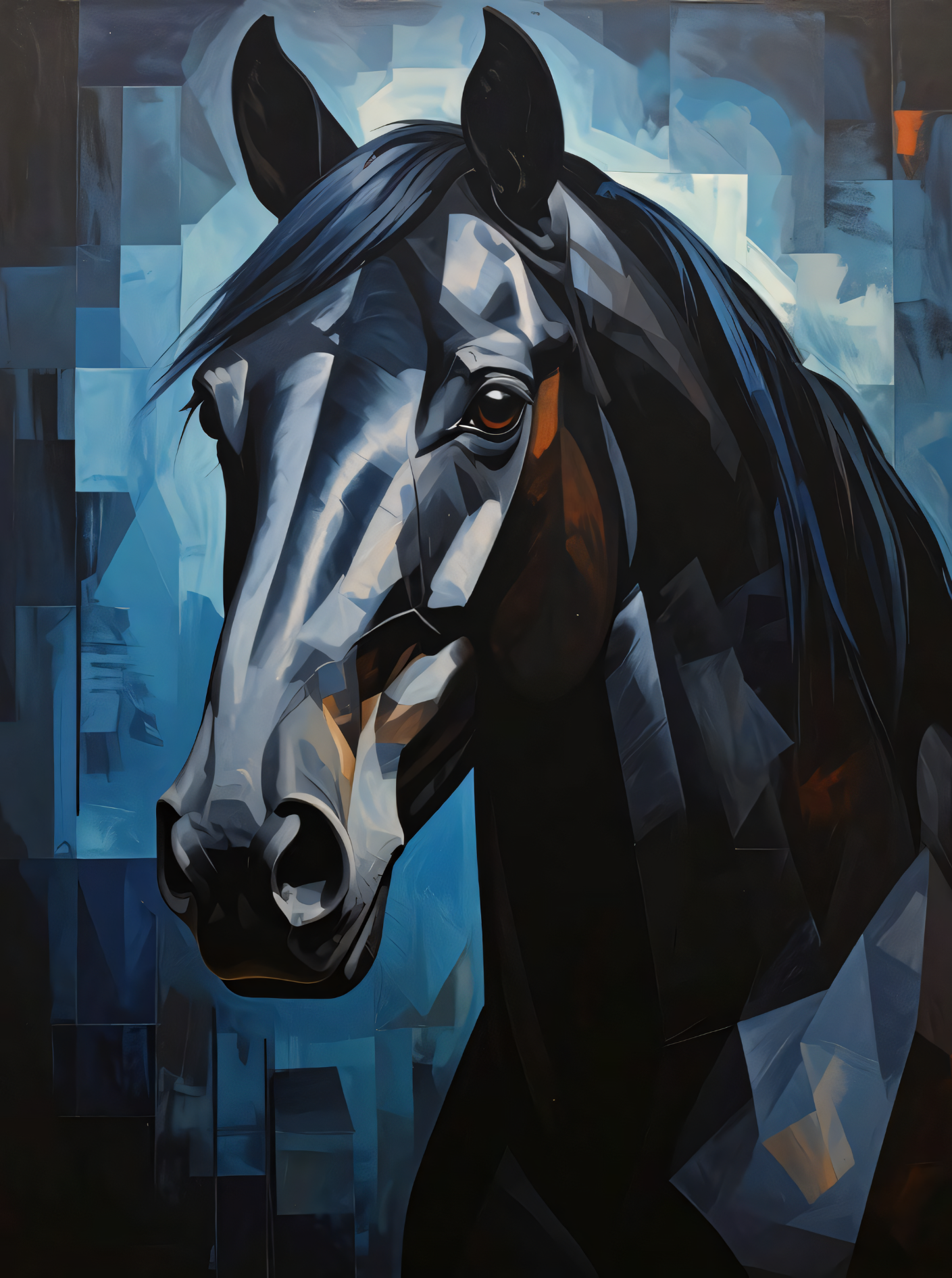 Black Horse Portrait Canvas Print - Modern Blue Abstract Cubist Wall Art