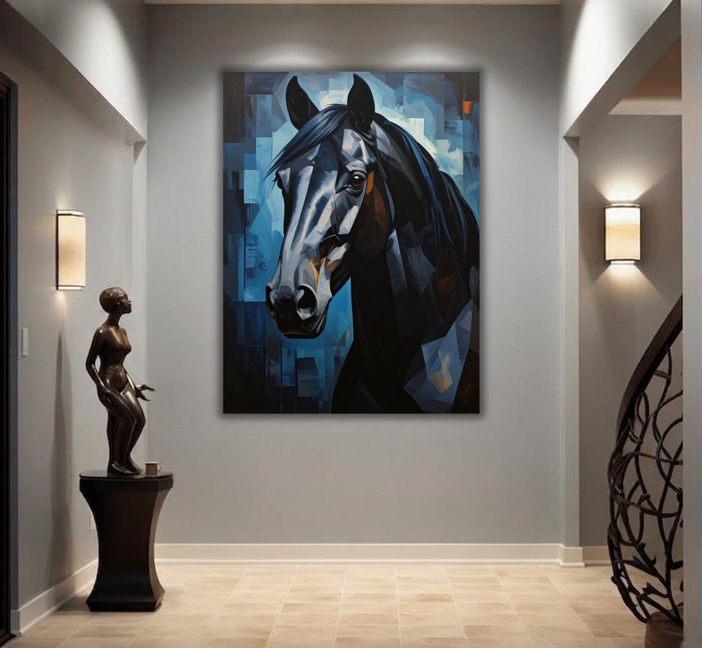 Black Horse Portrait Canvas Print - Modern Blue Abstract Cubist Wall Art