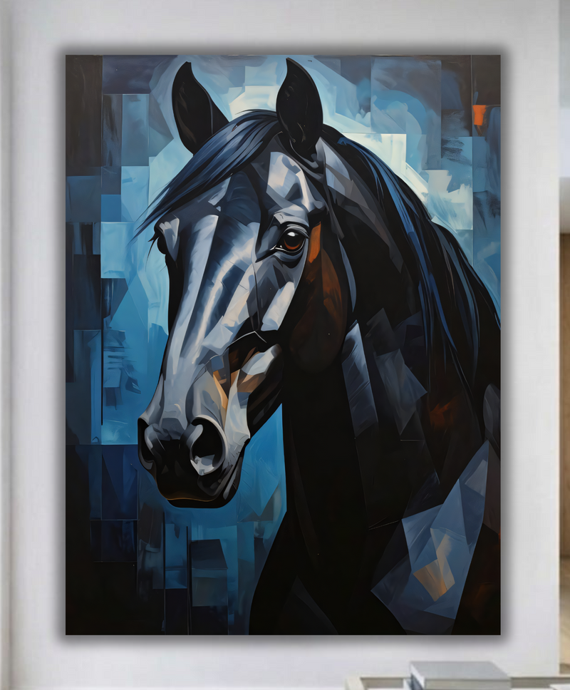 Black Horse Portrait Canvas Print - Modern Blue Abstract Cubist Wall Art