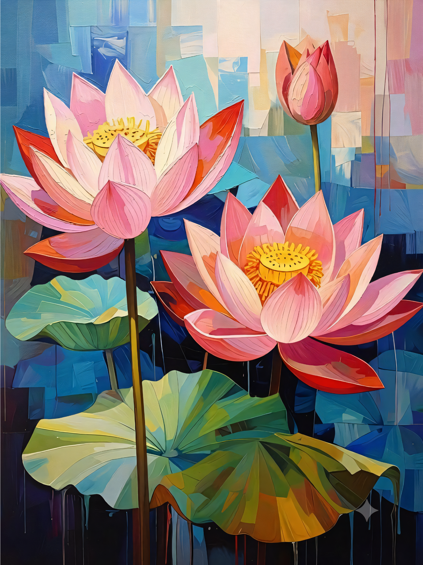 Blooming Pink Lotus Canvas Print - Modern Cubist Floral Wall Decor