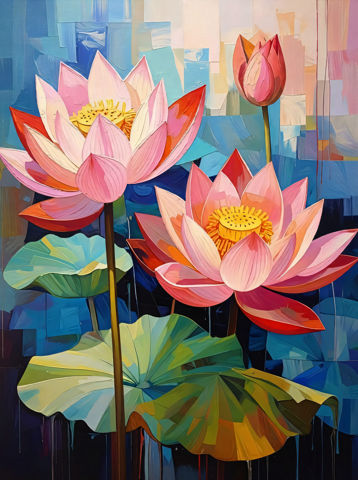 Blooming Pink Lotus Canvas Print - Modern Cubist Floral Wall Decor