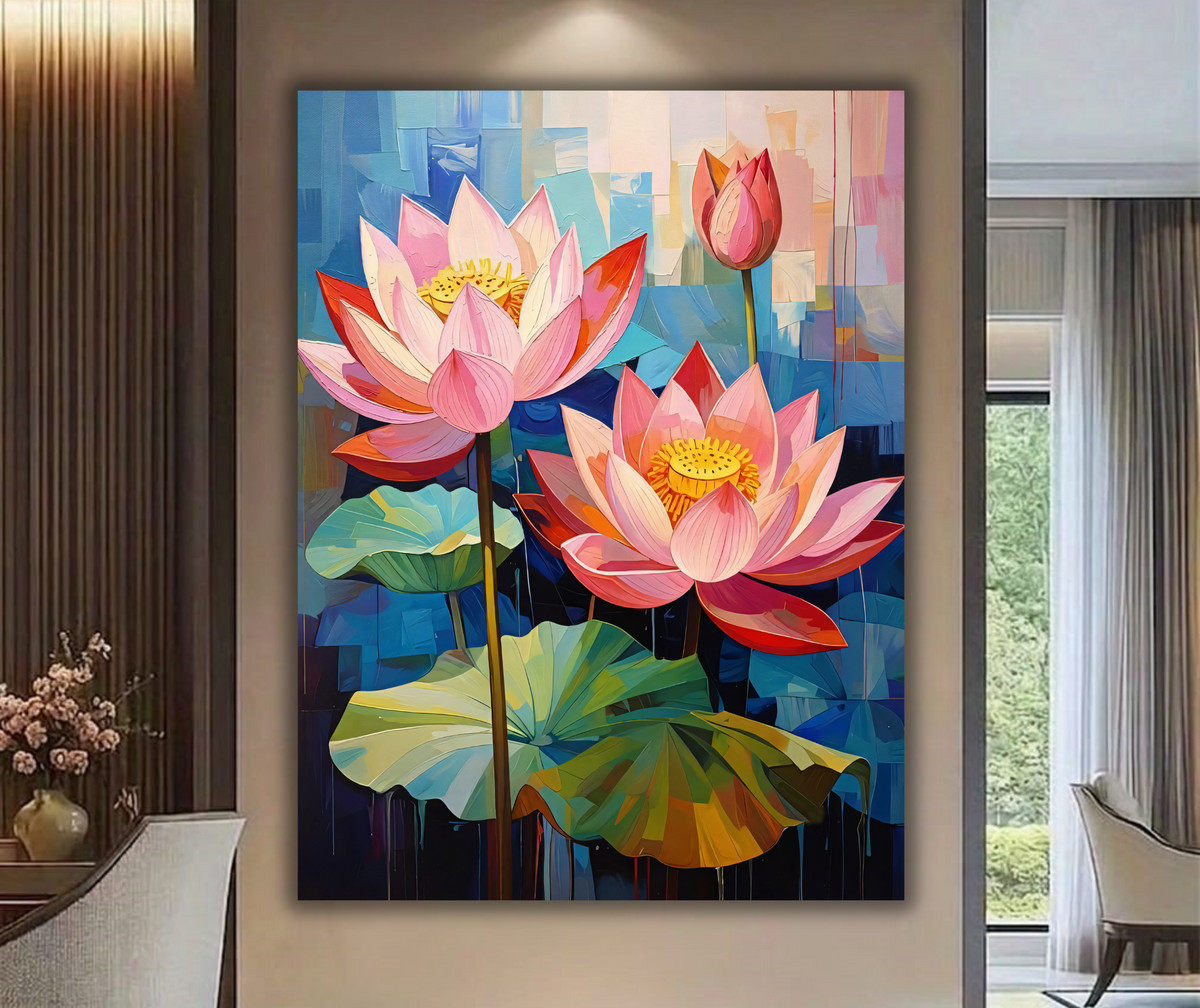 Blooming Pink Lotus Canvas Print - Modern Cubist Floral Wall Decor