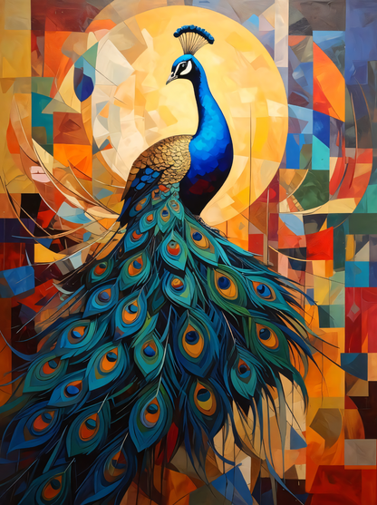 Majestic Peacock Canvas Print - Modern Cubist Geometric Sun Wall Art