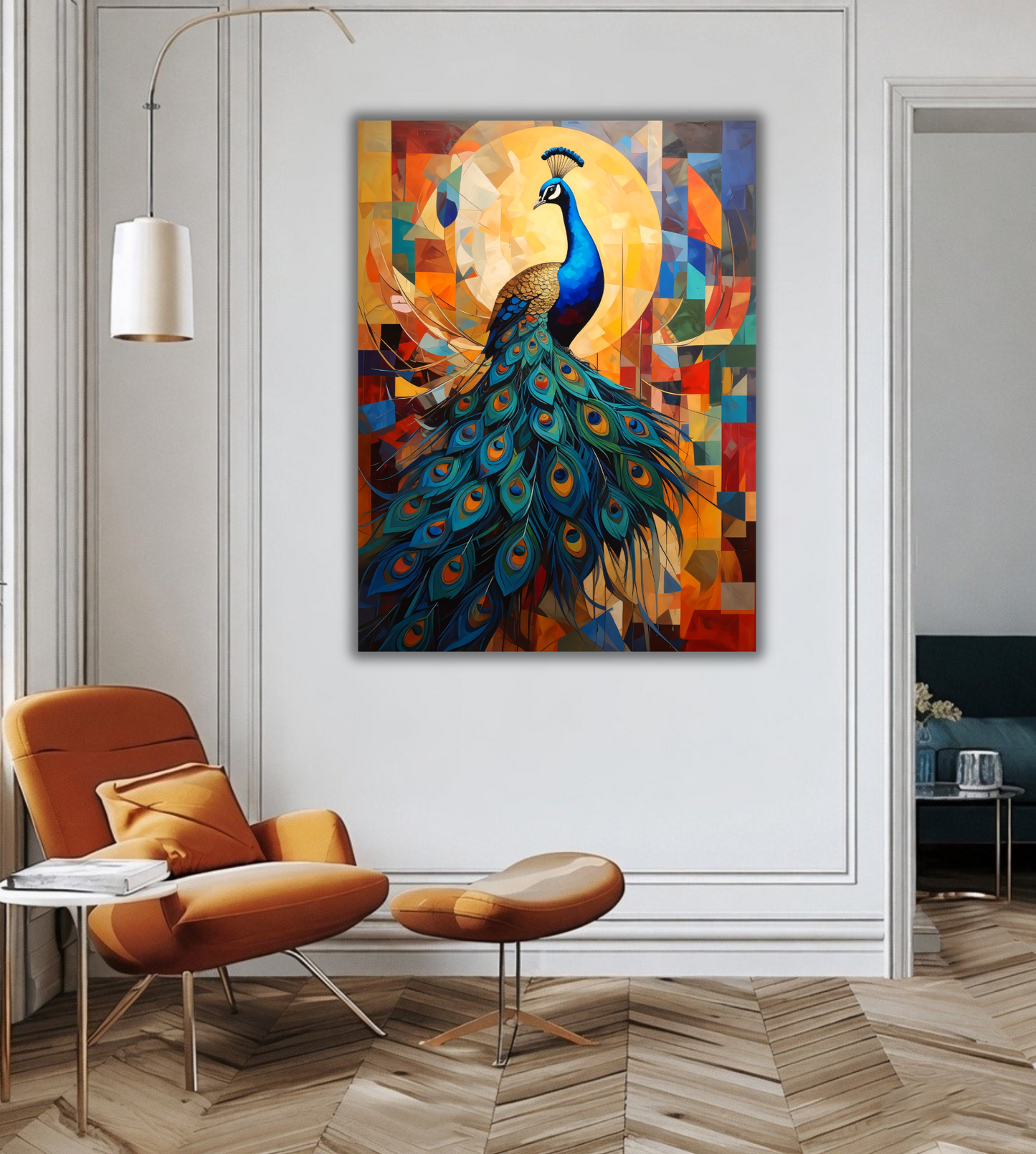Majestic Peacock Canvas Print - Modern Cubist Geometric Sun Wall Art