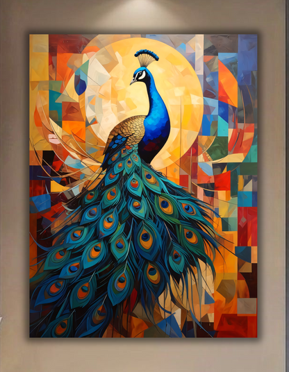 Majestic Peacock Canvas Print - Modern Cubist Geometric Sun Wall Art