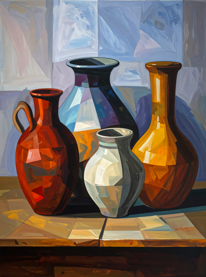 Modern Still Life Ceramic Vases Canvas Print - Cubist Geometric Pottery Wall Decor