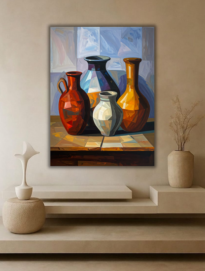 Modern Still Life Ceramic Vases Canvas Print - Cubist Geometric Pottery Wall Decor