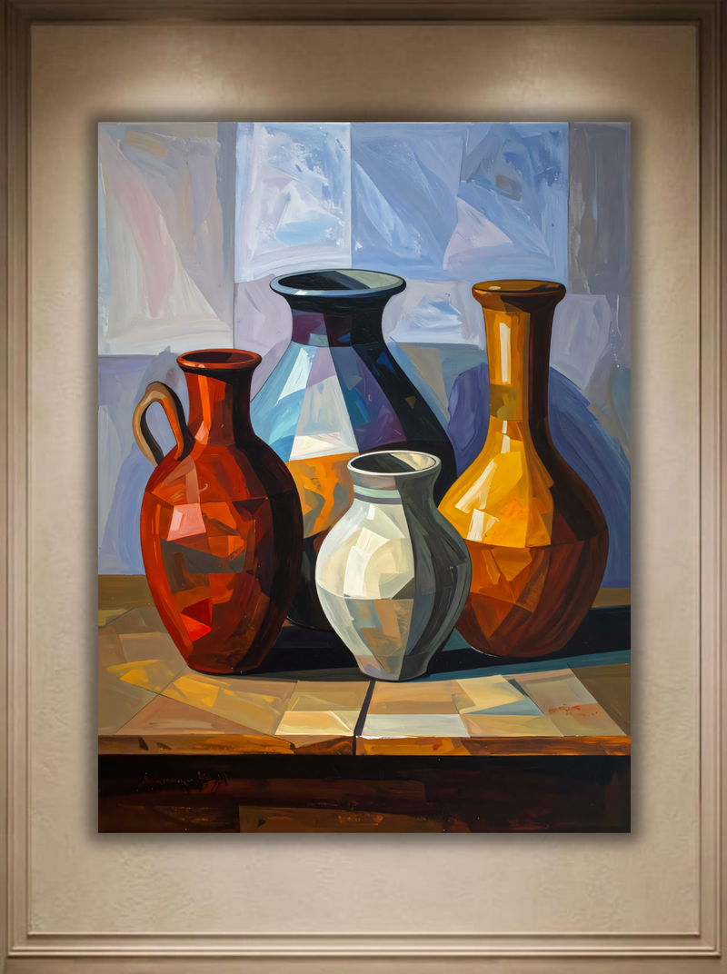 Modern Still Life Ceramic Vases Canvas Print - Cubist Geometric Pottery Wall Decor
