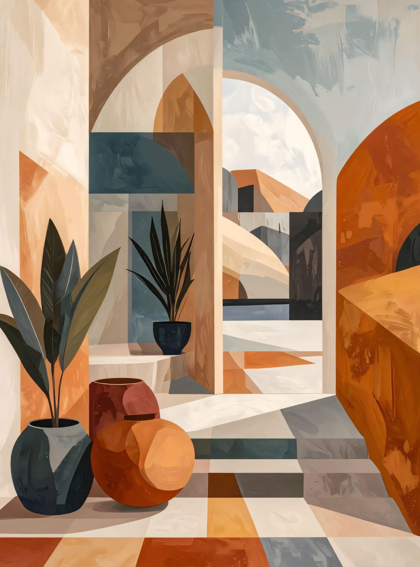 Modern Mediterranean Archway Canvas Print - Abstract Terracotta & Botanical Wall Art