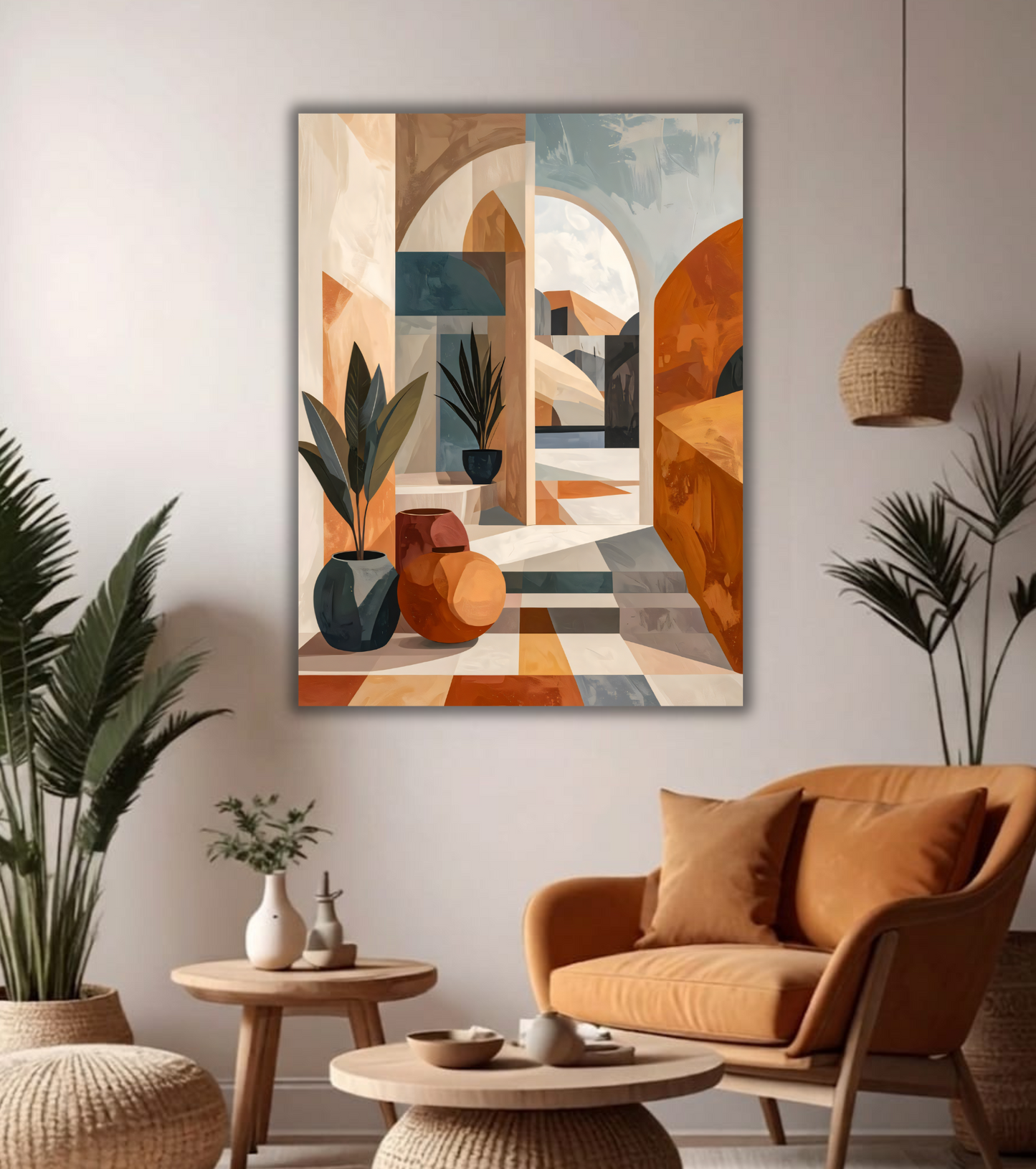 Modern Mediterranean Archway Canvas Print - Abstract Terracotta & Botanical Wall Art