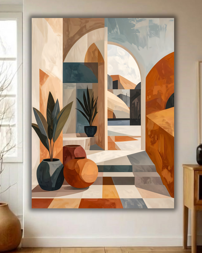 Modern Mediterranean Archway Canvas Print - Abstract Terracotta & Botanical Wall Art