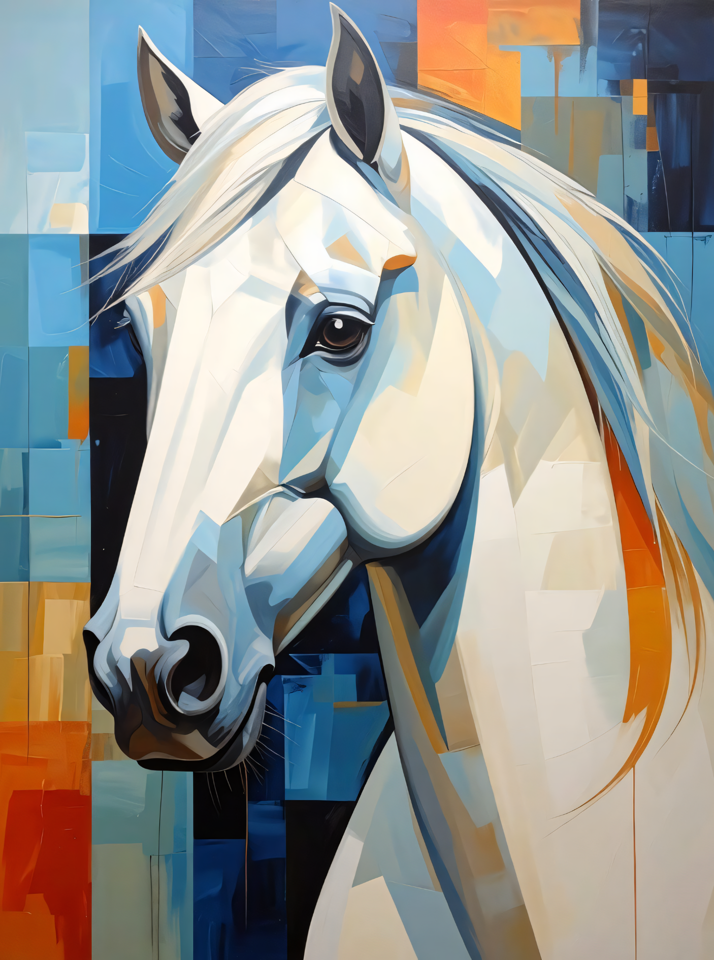 White Horse Portrait Canvas Print - Modern Blue & Orange Cubist Wall Art