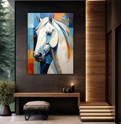 White Horse Portrait Canvas Print - Modern Blue & Orange Cubist Wall Art