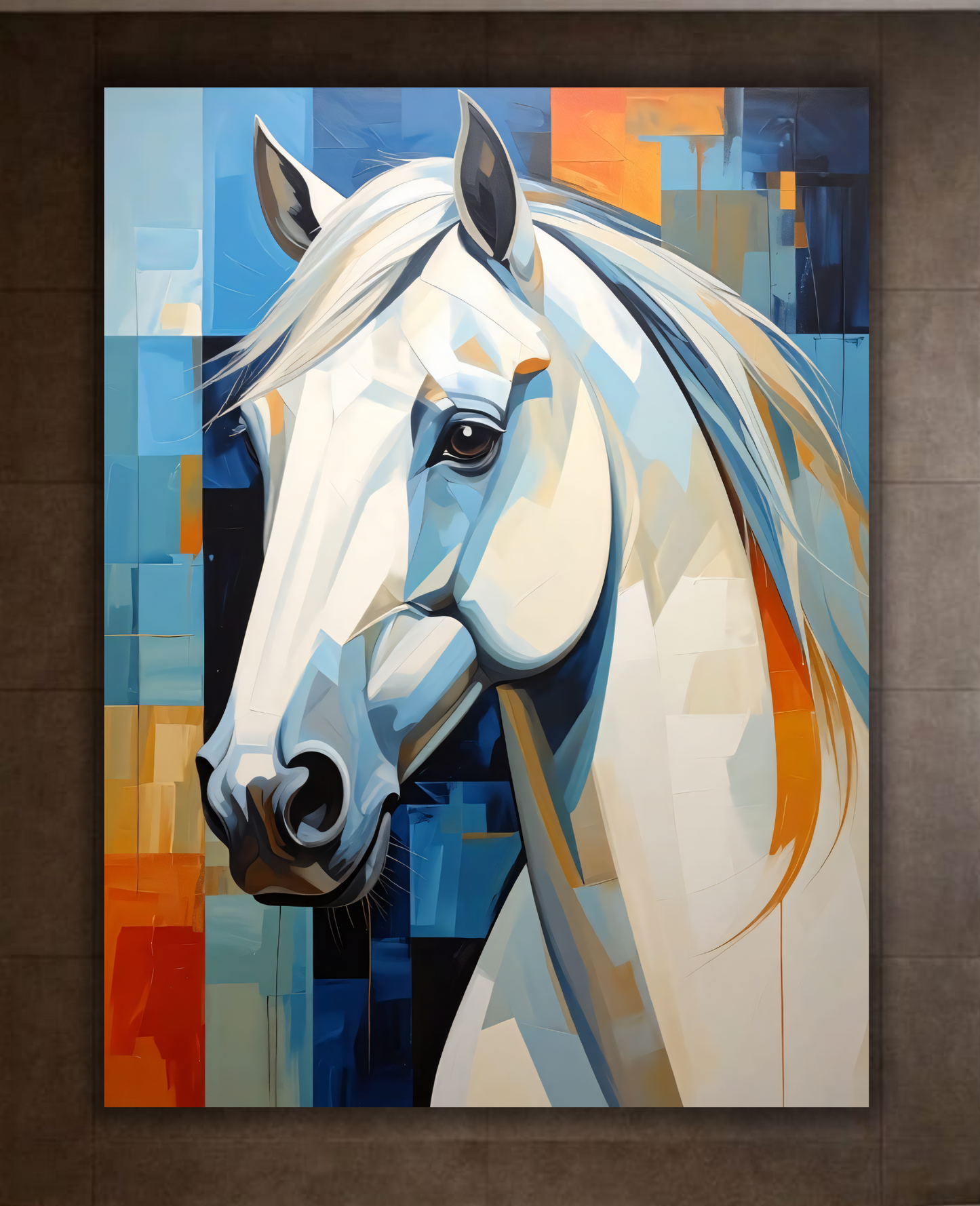 White Horse Portrait Canvas Print - Modern Blue & Orange Cubist Wall Art