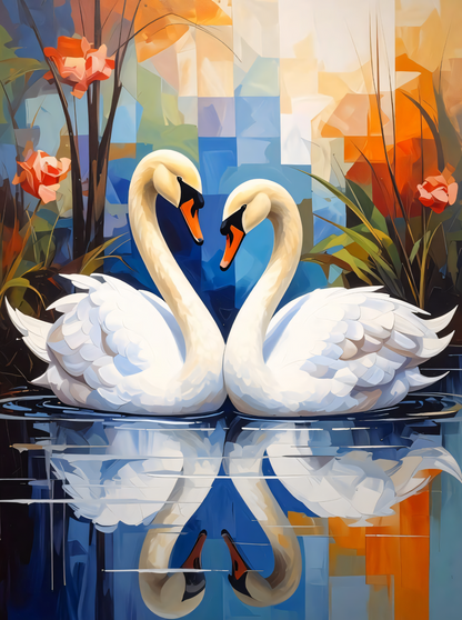 Pair of White Swans Canvas Print - Modern Cubist Floral Lake Reflection Wall Art