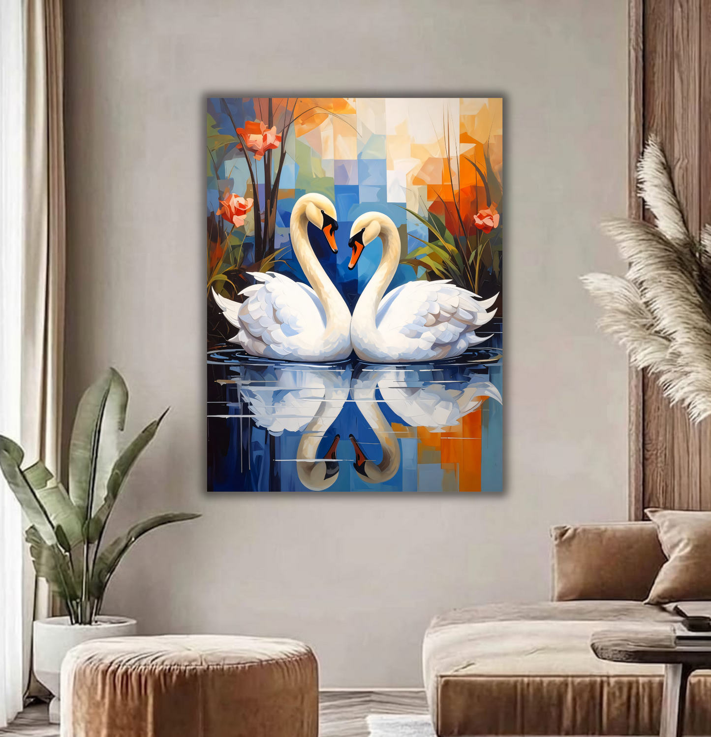 Pair of White Swans Canvas Print - Modern Cubist Floral Lake Reflection Wall Art