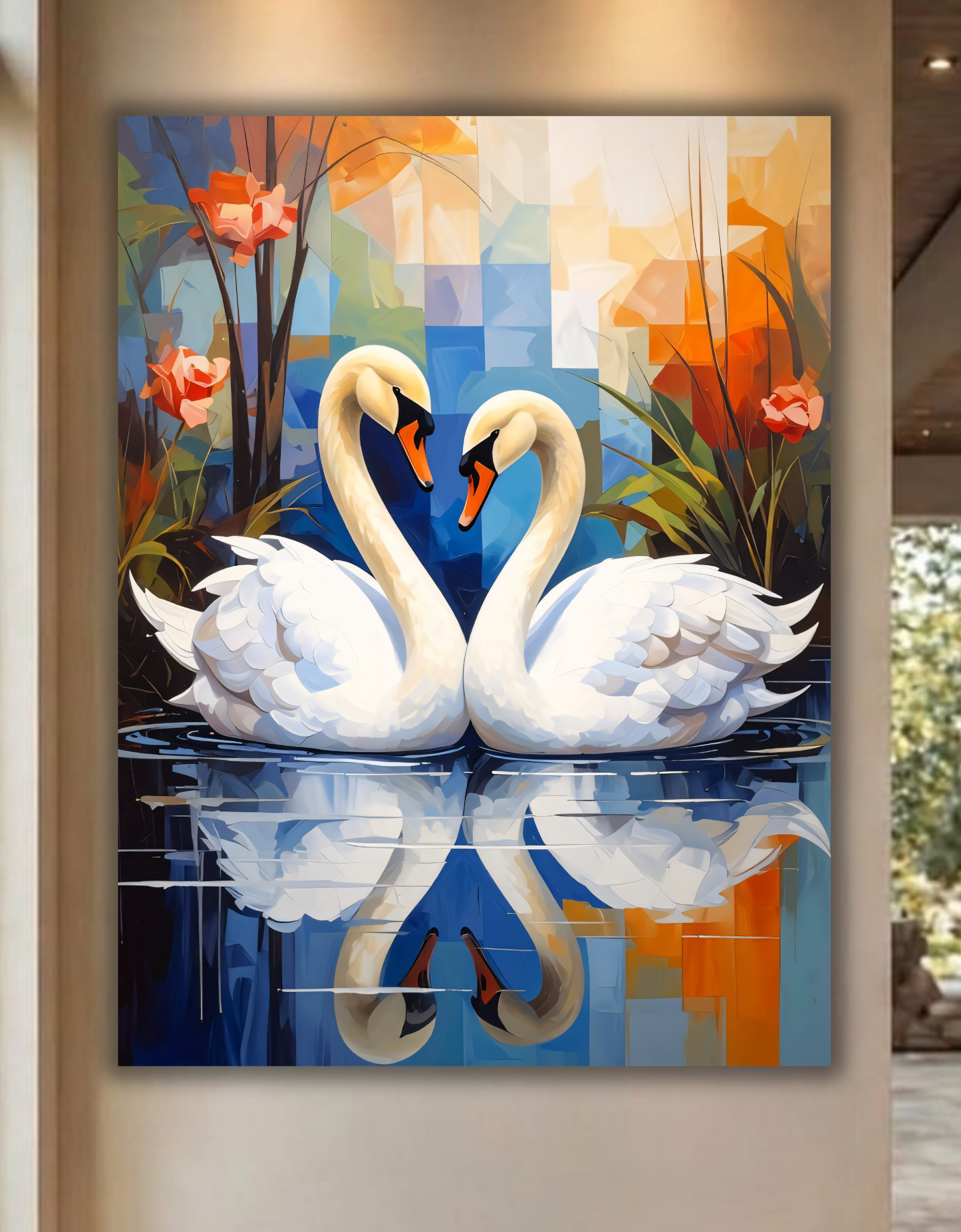 Pair of White Swans Canvas Print - Modern Cubist Floral Lake Reflection Wall Art