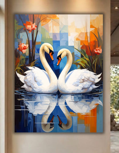 Pair of White Swans Canvas Print - Modern Cubist Floral Lake Reflection Wall Art