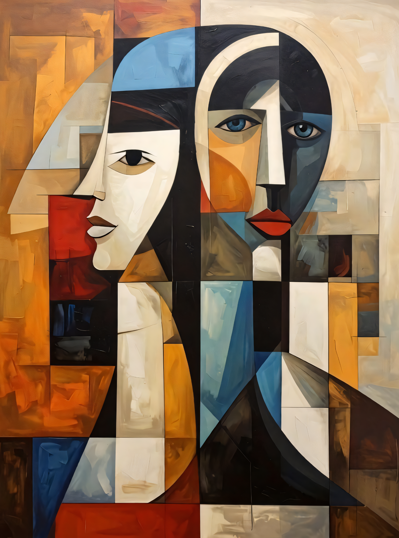 Modern Cubist Abstract Faces Canvas Print - Geometric Dual Portrait Wall Decor