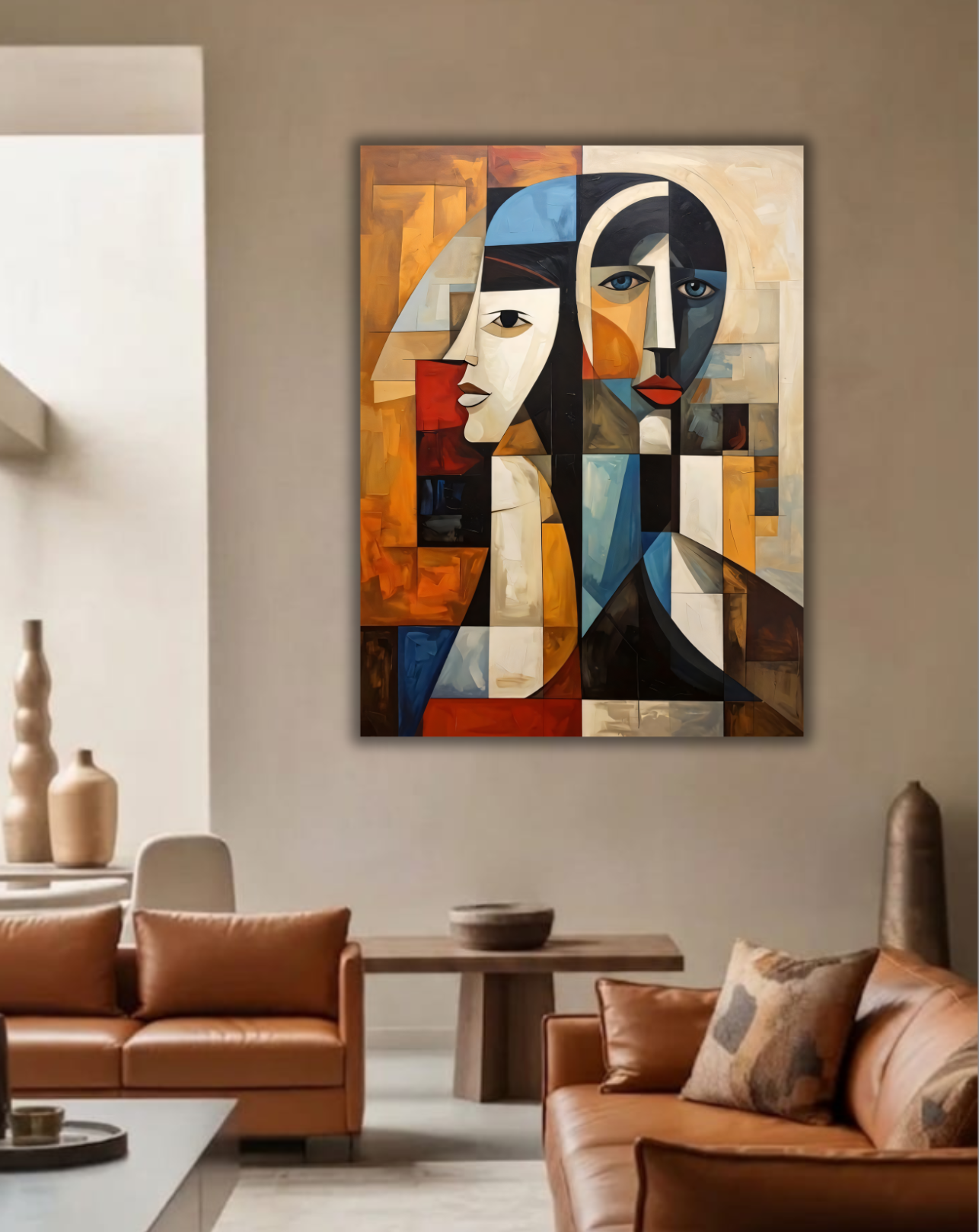 Modern Cubist Abstract Faces Canvas Print - Geometric Dual Portrait Wall Decor