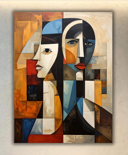 Modern Cubist Abstract Faces Canvas Print - Geometric Dual Portrait Wall Decor