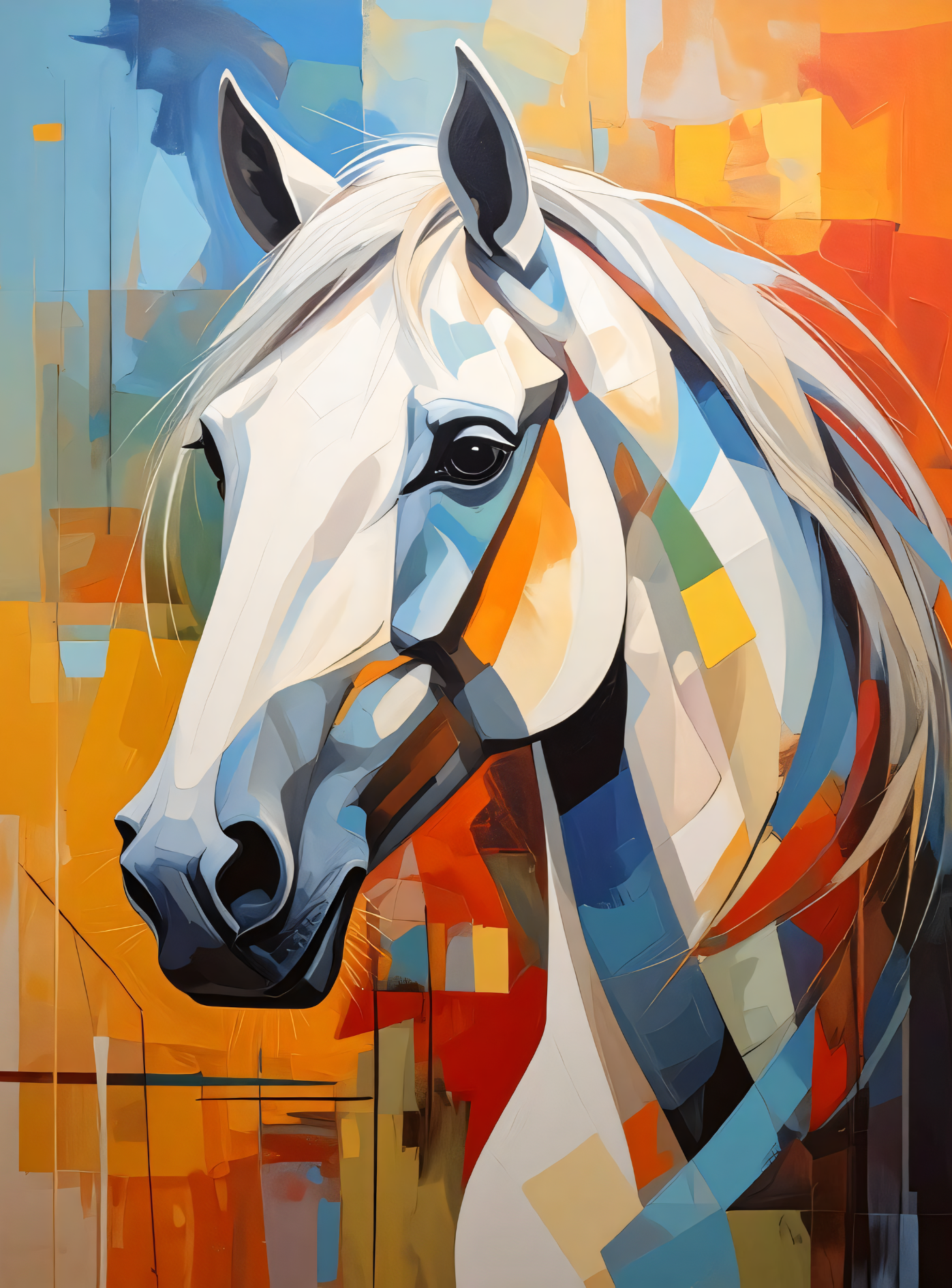 White Horse Portrait Canvas Print - Vibrant Sunset Orange & Blue Cubist Wall Art