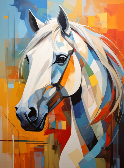 White Horse Portrait Canvas Print - Vibrant Sunset Orange & Blue Cubist Wall Art