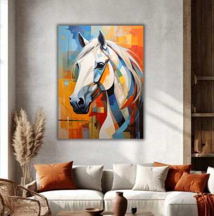 White Horse Portrait Canvas Print - Vibrant Sunset Orange & Blue Cubist Wall Art