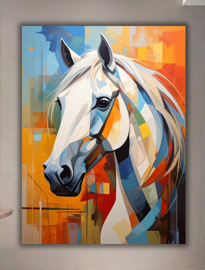 White Horse Portrait Canvas Print - Vibrant Sunset Orange & Blue Cubist Wall Art