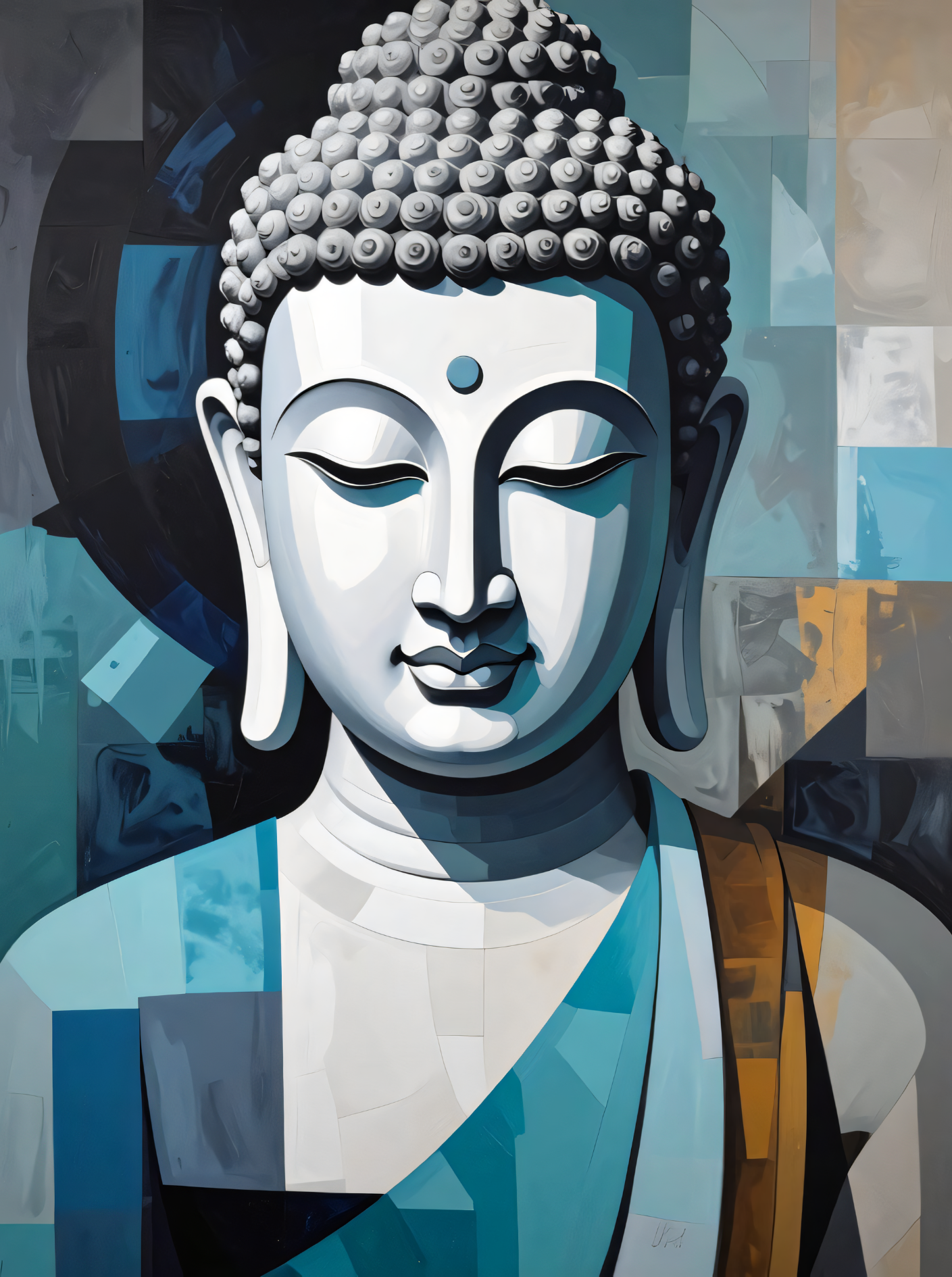Meditating Buddha Portrait Canvas Print - Cool Blue & Gold Cubist Wall Art