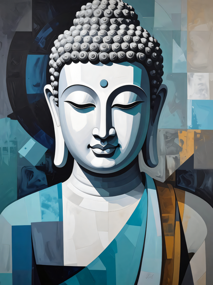 Meditating Buddha Portrait Canvas Print - Cool Blue & Gold Cubist Wall Art