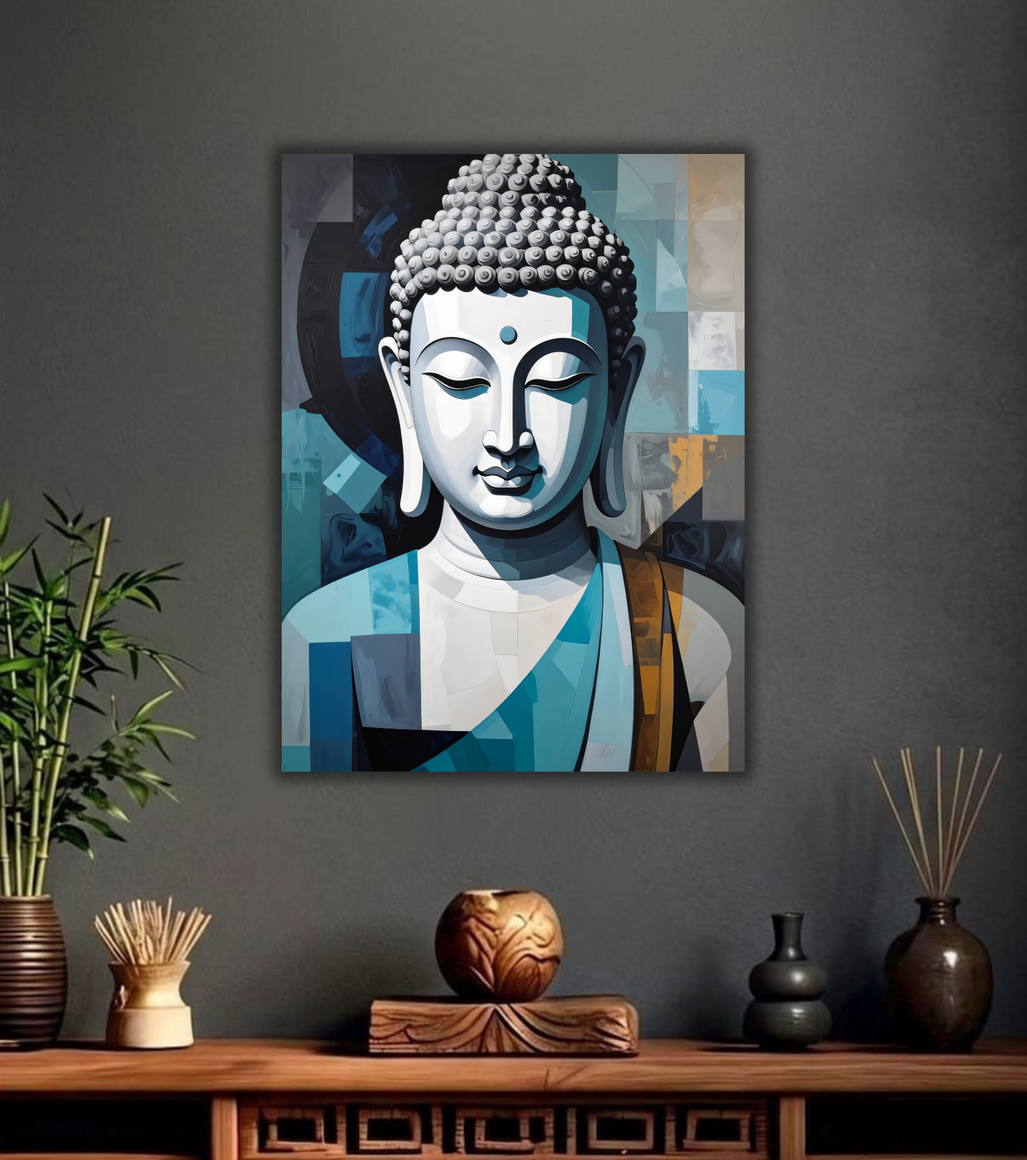 Meditating Buddha Portrait Canvas Print - Cool Blue & Gold Cubist Wall Art