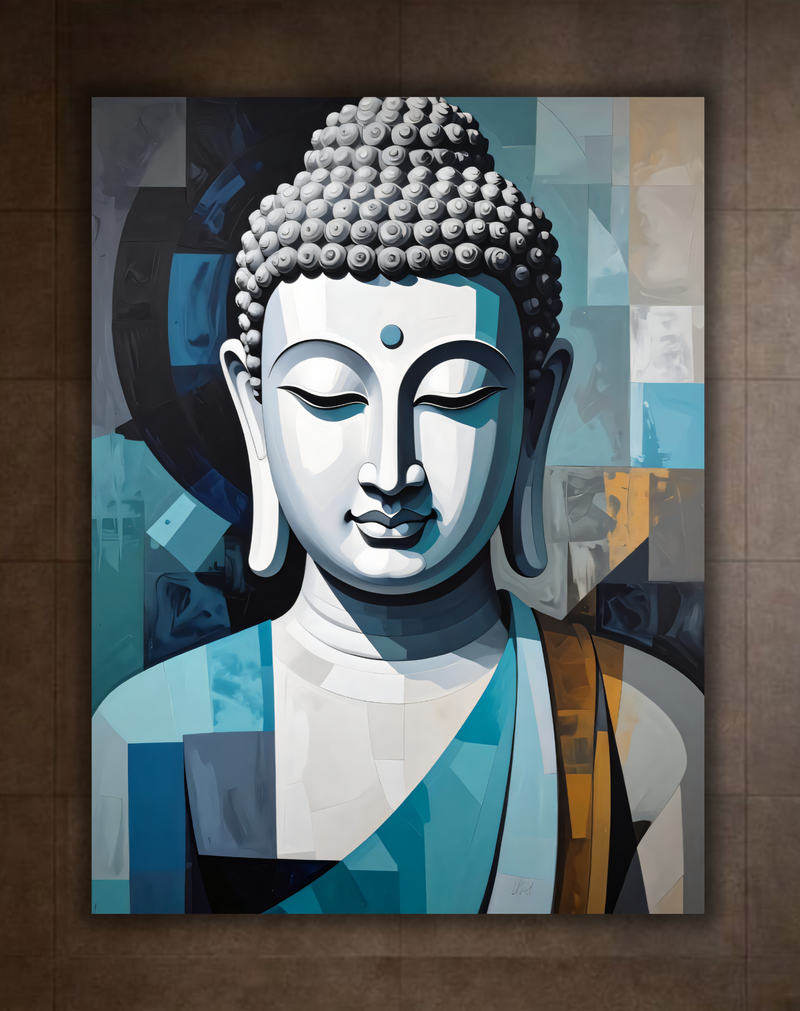 Meditating Buddha Portrait Canvas Print - Cool Blue & Gold Cubist Wall Art