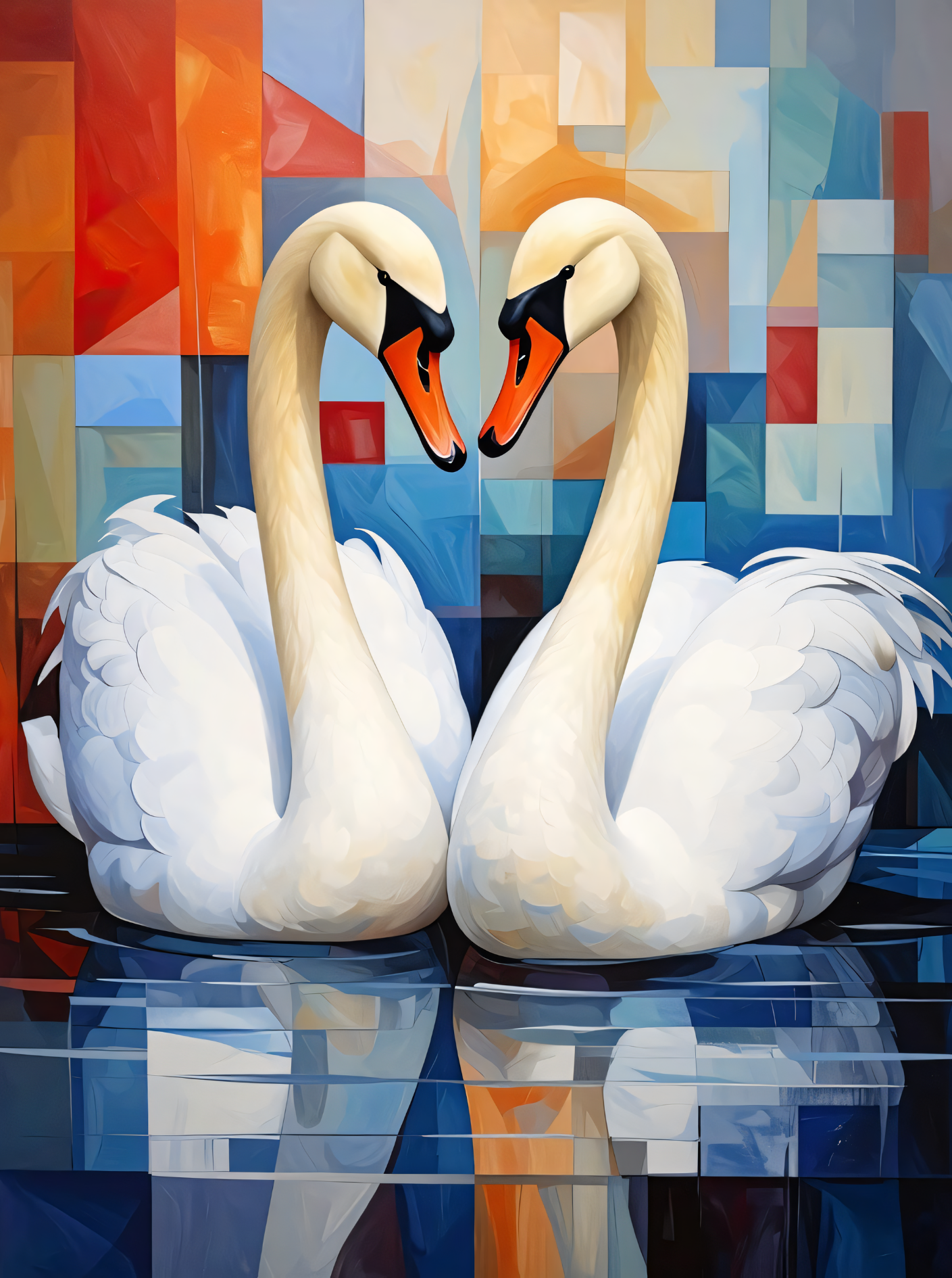 Pair of White Swans Canvas Print - Modern Cubist Geometric Sunset Lake Wall Art