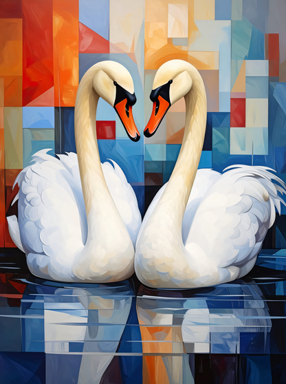 Pair of White Swans Canvas Print - Modern Cubist Geometric Sunset Lake Wall Art
