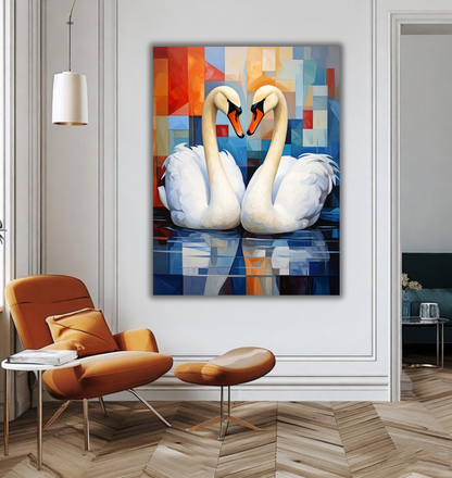Pair of White Swans Canvas Print - Modern Cubist Geometric Sunset Lake Wall Art