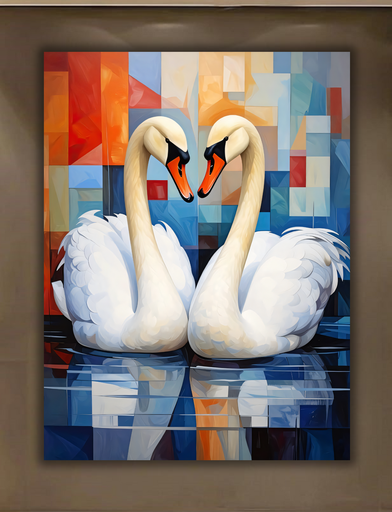 Pair of White Swans Canvas Print - Modern Cubist Geometric Sunset Lake Wall Art