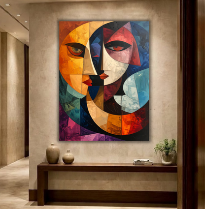 Modern Cubist Abstract Faces Canvas Print - Bold Geometric Portrait Wall Decor (2 Variants)