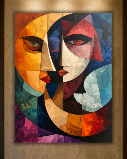 Modern Cubist Abstract Faces Canvas Print - Bold Geometric Portrait Wall Decor (2 Variants)