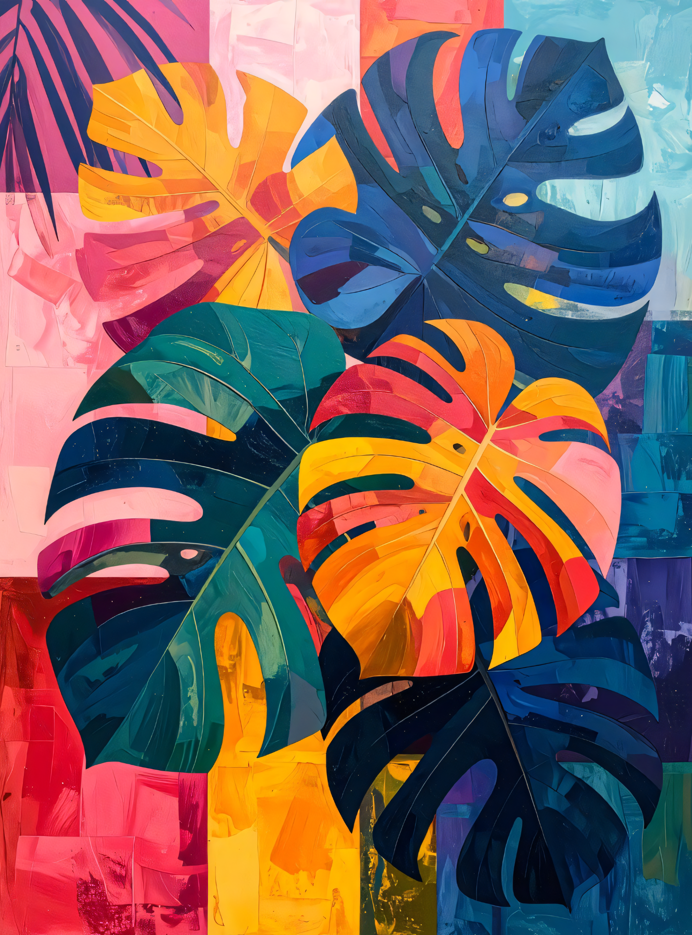 Colorful Abstract Monstera Leaves Canvas Print - Modern Tropical Botanical Wall Art