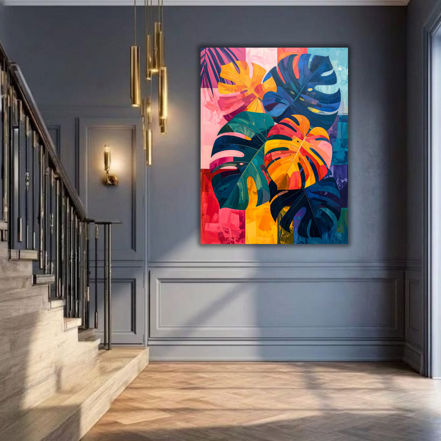 Colorful Abstract Monstera Leaves Canvas Print - Modern Tropical Botanical Wall Art