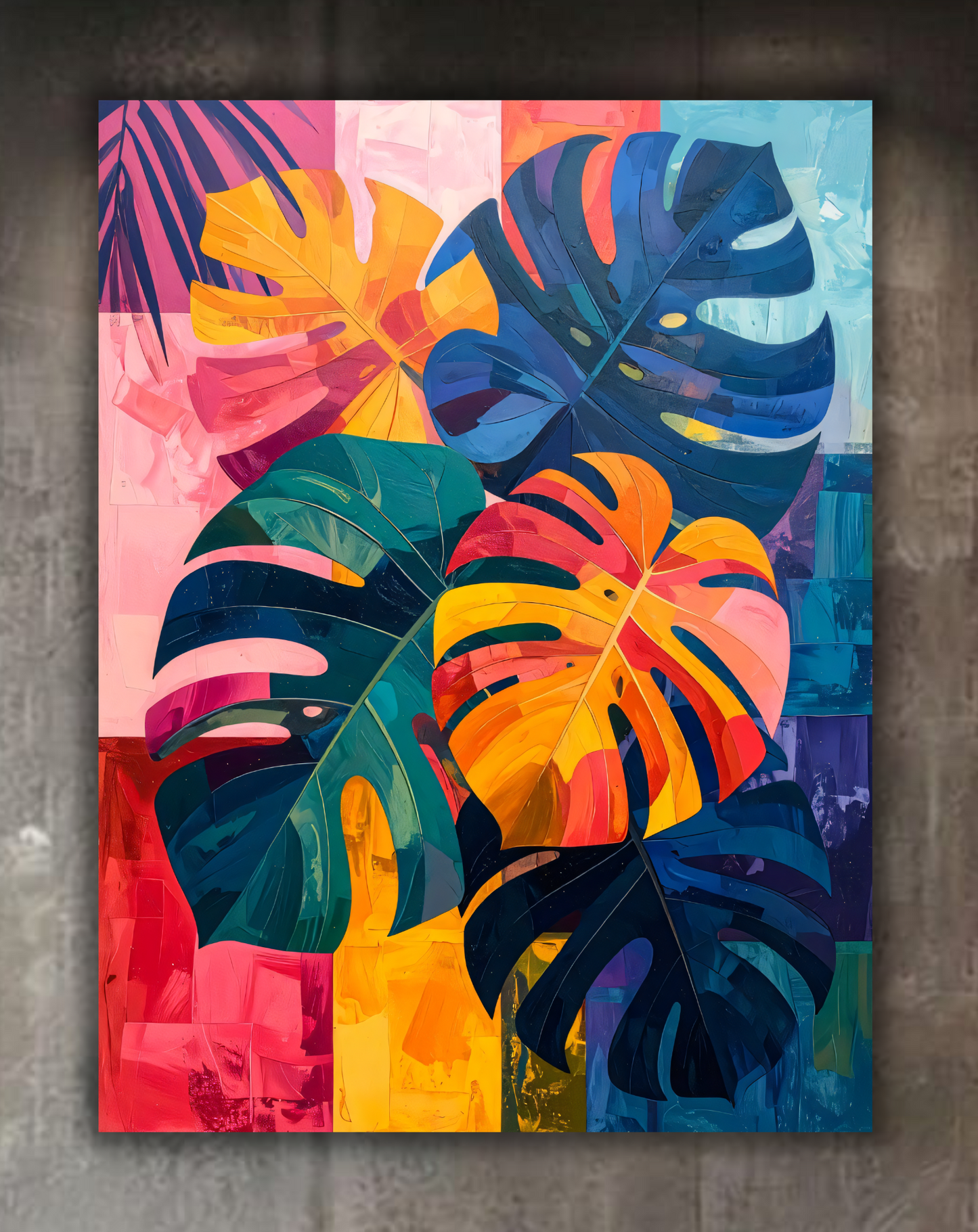 Colorful Abstract Monstera Leaves Canvas Print - Modern Tropical Botanical Wall Art