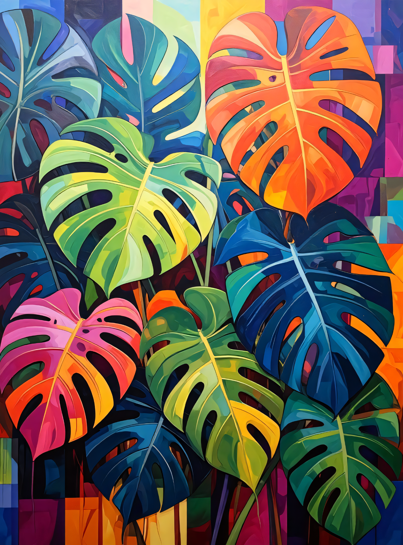 Vibrant Rainbow Monstera Leaves Canvas Print - Modern Abstract Tropical Wall Decor