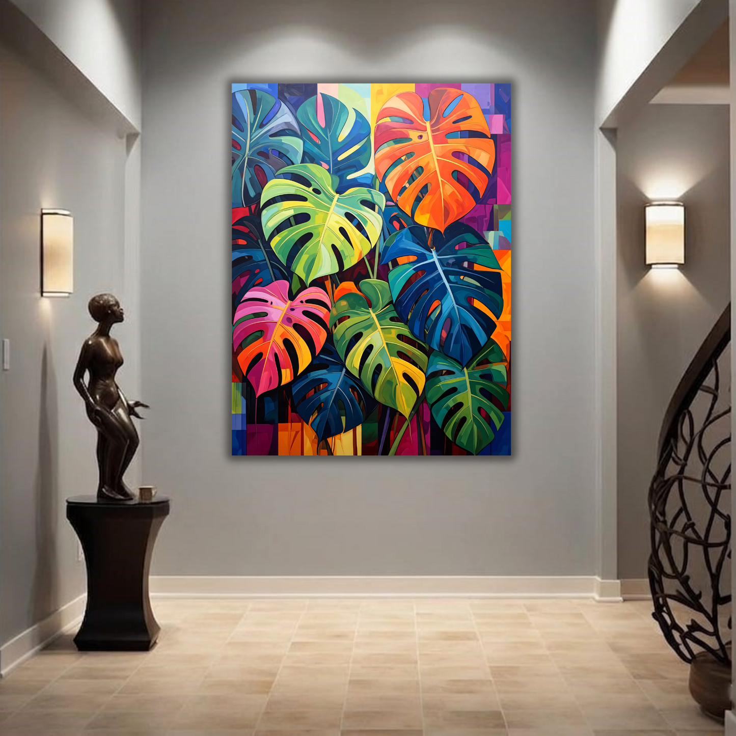 Vibrant Rainbow Monstera Leaves Canvas Print - Modern Abstract Tropical Wall Decor